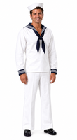 A man modeling a white sailor uniform costume with a navy blue necktie, striped collar, matching white trousers, a white sailor hat, and black dress shoes against a plain white background.