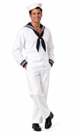 A man modeling a white sailor costume with a navy blue striped collar and necktie, matching white trousers, a white sailor hat, and black dress shoes, against a plain white background.