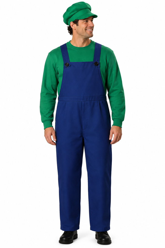 A men modeling blue overalls with long-sleeve green shirt and green hat against a plain white background.
