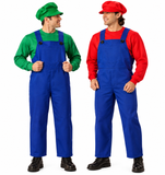Two men modeling blue overalls with long-sleeve shirts, one in green and one in red, against a plain white background.
