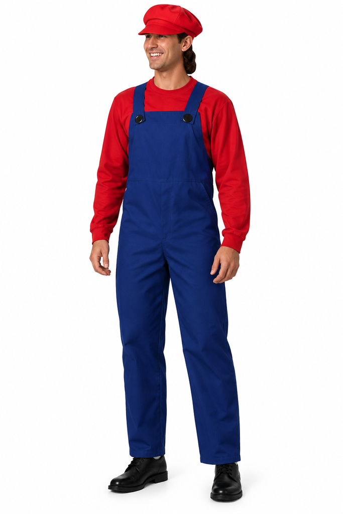 A men modeling blue overalls with long-sleeve red shirt and red hat against a plain white background.