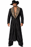 A man modeling a long black satin-like costume robe with a leopard-print collar, matching black pants, and a black cowboy hat against a plain white background.