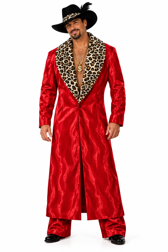A man modeling a red satin-like long coat with a leopard-print collar, matching red pants, a black feathered hat, and a gold necklace on a plain white background.