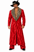 A man modeling a red satin-like long coat with a leopard-print collar, matching red pants, a black feathered hat, and a gold necklace on a plain white background.