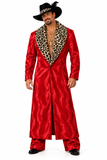 A man modeling a red satin-like long coat with a leopard-print collar, matching red pants, a black feathered hat, and a gold necklace on a plain white background.