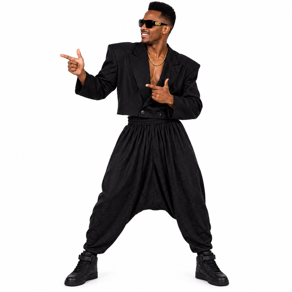 A man modeling a black harem pants costume set consisting of a cropped blazer jacket, matching baggy pants, and black sneakers, posed against a solid white background.