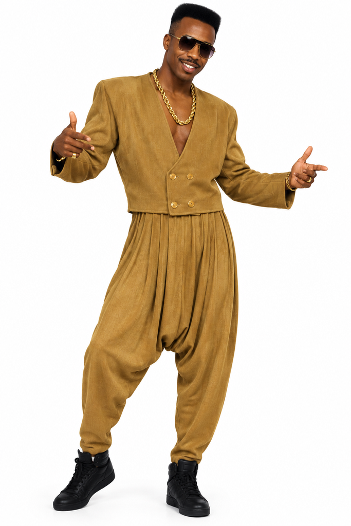 A man modeling a vintage-style tan harem costume jumpsuit with a double-breasted jacket, gold chain necklace, sunglasses, and black boots against a white background.
