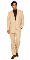 A man modeling a light beige two-piece suit with a dark brown turtleneck and brown dress shoes, standing against a plain white background.