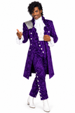A man modeling a purple Prince Philip-inspired costume with a matching long coat, white ruffled shirt, silver shoulder detail, and white boots, posed against a plain white background.