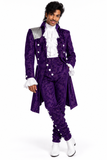 A man modeling a purple historical costume with a matching purple patterned coat and trousers, white ruffled shirt and cravat, silver shoulder detailing, and white boots against a white background.