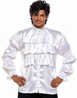 A man modeling a white satin long-sleeve costume shirt with multiple ruffled tiers and puffed sleeves, paired with black pants, against a plain white background.