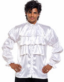 A man modeling a white satin long-sleeve costume shirt with multiple ruffled tiers and puffed sleeves, paired with black pants, against a plain white background.
