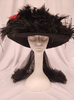 Ladies Black Victorian Touring Hat with Red Feathers
