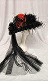 Ladies Black Victorian Touring Hat with Red Feathers