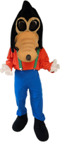 A full-body cartoon mascot costume featuring a black and tan bird-like head, an orange-red shirt, green suspenders, bright blue pants, and black shoes, isolated on a white background.