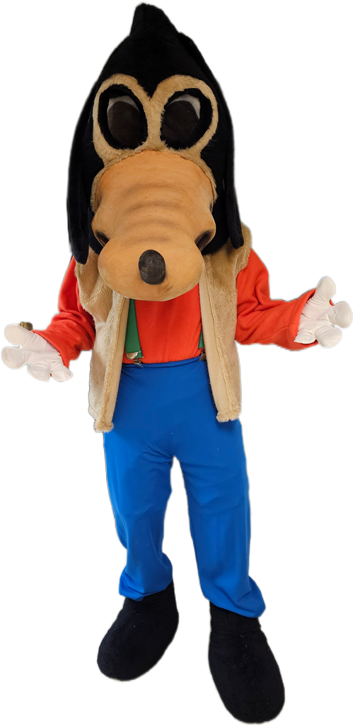 A full-body cartoon mascot costume resembling a dog character, with a black head, tan snout and face trim, orange-red shirt, beige vest, blue pants, and black shoes, isolated on a white background.
