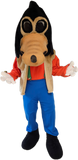 A full-body cartoon mascot costume resembling a dog character, with a black head, tan snout and face trim, orange-red shirt, beige vest, blue pants, and black shoes, isolated on a white background.