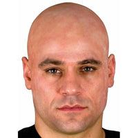 A close-up portrait of a bald man with a neutral expression, wearing a black shirt against a plain white background.