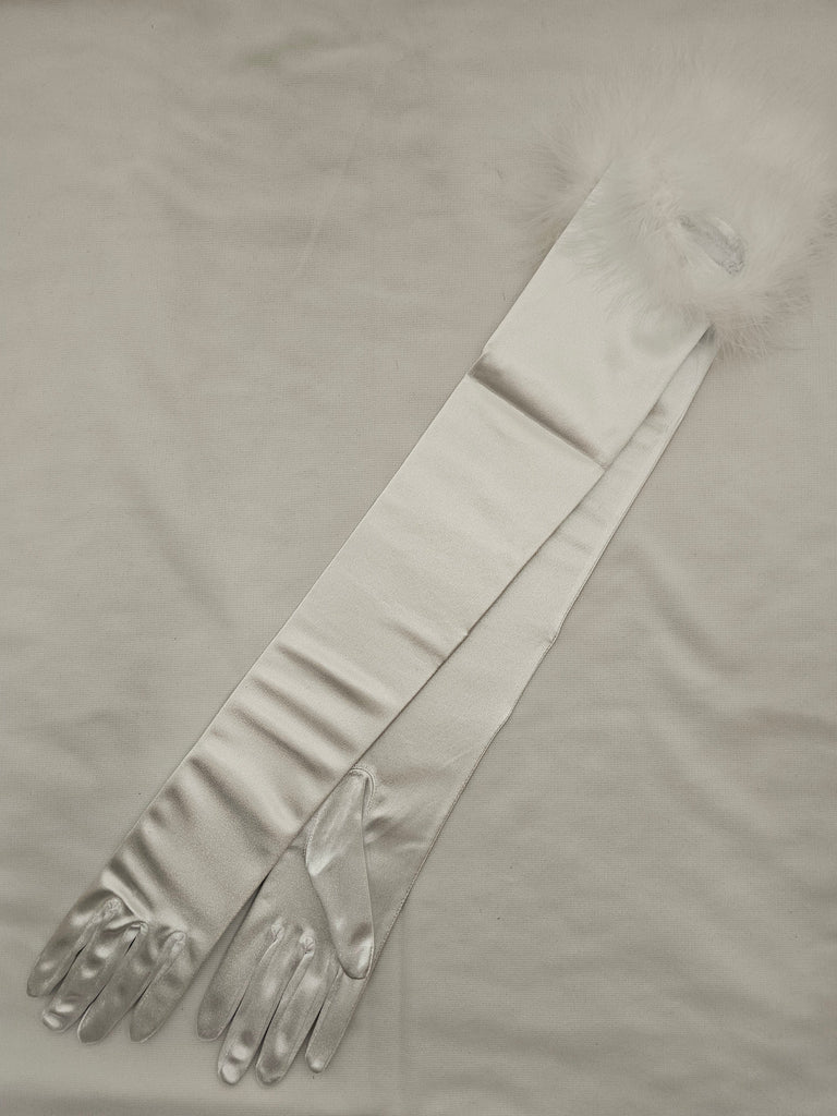 White Satin Gloves with Fur Cuff