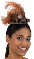 BROWN FELT STEAMPUNK TOP HAT HEADBAND WITH GOGGLES
