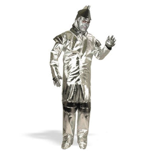 A costume depicting the Tin Man from The Wizard of Oz, consisting of a metallic silver jacket, pants, hat, and shoe covers.