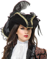 Black Velvet Lacey Pirate Hat with Feather and Gold Trim