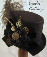 Victorian Steampunk Black Riding  Hat w/Clock Hands & Clock Parts