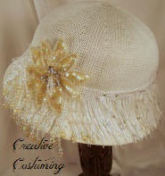 White Soft Cloche Hat  w/Beaded Flower