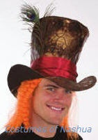 Mad Hatter Brown Top Hat  with Orange Hair